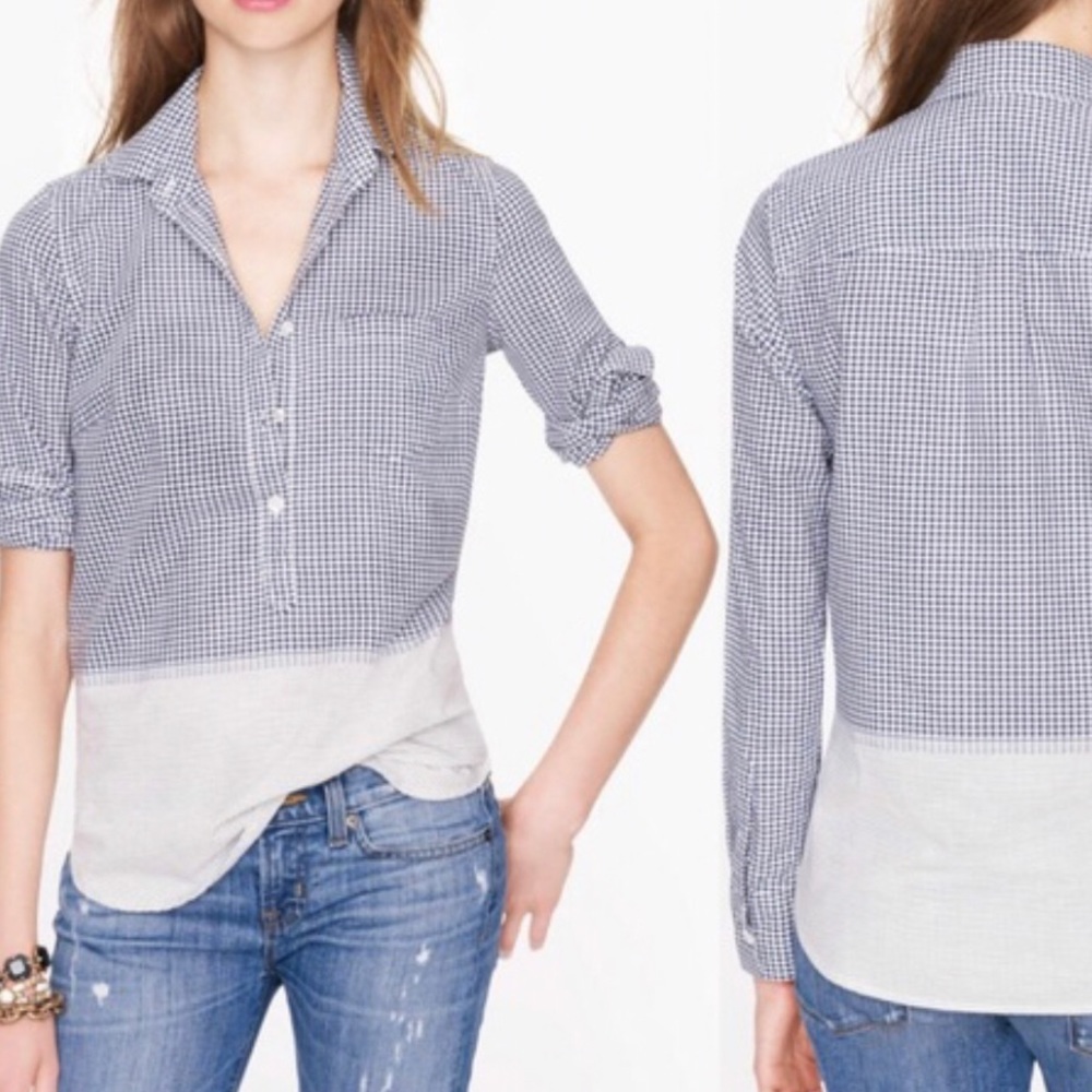 J. CREW BLUE GINGHAM STRIPE POPOVER SHIRT